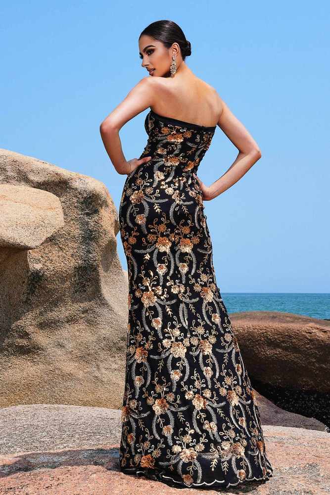 Black Strapless Mermaid Sequin Floral Prom Evening Dresses