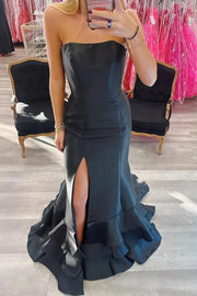 Black Strapless Split Front Mermaid Satin Prom Dresses with Ruffles