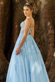 Sky Blue A-Line Tulle Strapless Prom Dresses with Appliques