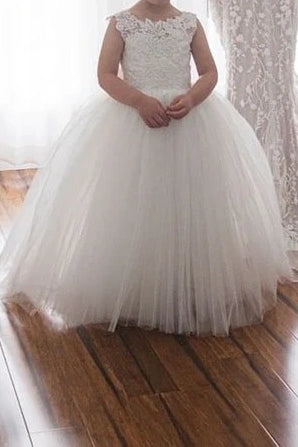 White Ball Gown Tulle Sleeveless Flower Girl Dresses with Appliques