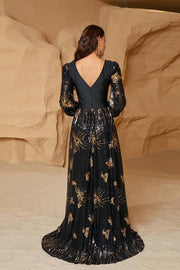 Black A-Line V-Neck Long Sleeves Sequin Formal Evening Dresses