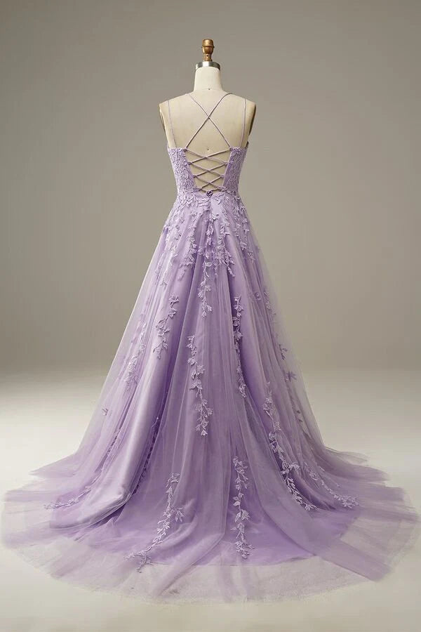 Lilac Criss Cross Straps A-Line Tulle Party Dresses with Appliques