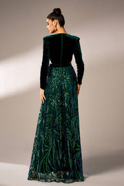 Dark Green Sequined V-Neck A-Line Velvet Evening Prom Dresses Long Sleeves with Slit