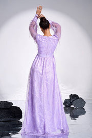 Purple V-Neck Split Front A-Line Tulle Evening Dresses with Beading