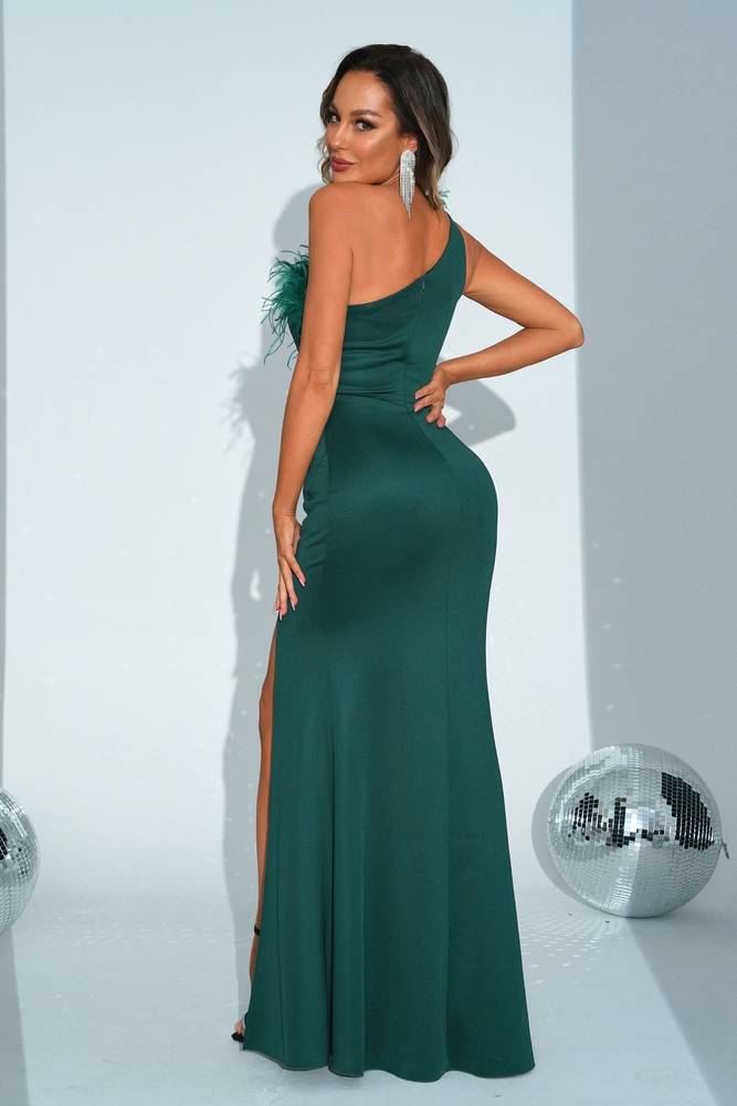 Dark Green One-Shoulder Mermaid Satin Evening Dresses with Fur