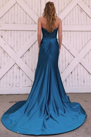 Ink Blue Trendy V-Neck Strapless Long Mermaid Satin Prom Dresses with Slit