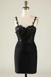 Black Sequins Short Homecoming Dresses Satin Spaghetti Straps with Appliques