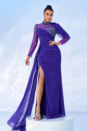 High Neck Long Sleeves Mermaid Sequin Tulle Prom Dresses with Slit