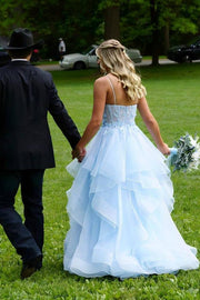 Blue V-Neck Sleeveless Tulle A-Line Formal Dresses with Appliques