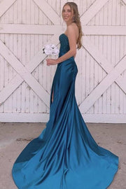 Ink Blue Trendy V-Neck Strapless Long Mermaid Satin Prom Dresses with Slit