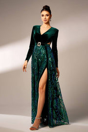 Dark Green Sequined V-Neck A-Line Velvet Evening Prom Dresses Long Sleeves with Slit