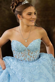 Sky Blue A-Line Tulle Strapless Prom Dresses with Appliques