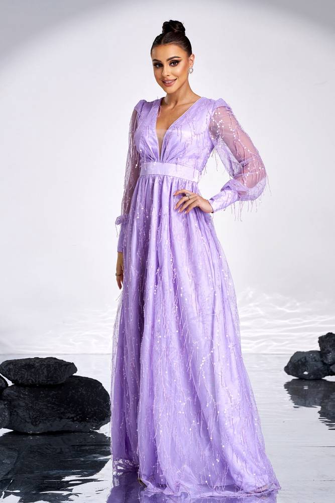 Purple V-Neck Split Front A-Line Tulle Evening Dresses with Beading