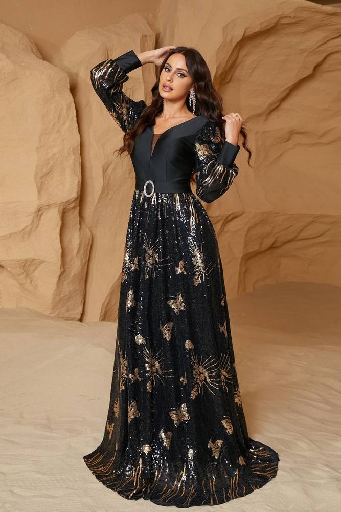 Black A-Line V-Neck Long Sleeves Sequin Formal Evening Dresses