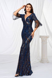 Sequined Mermaid V-Neck Short Sleeves Evening Dresses