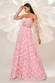 Pink Strapless A-Line Floral Evening Dresses with Sleeves