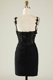 Black Sequins Short Homecoming Dresses Satin Spaghetti Straps with Appliques