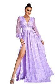 Purple V-Neck Split Front A-Line Tulle Evening Dresses with Beading