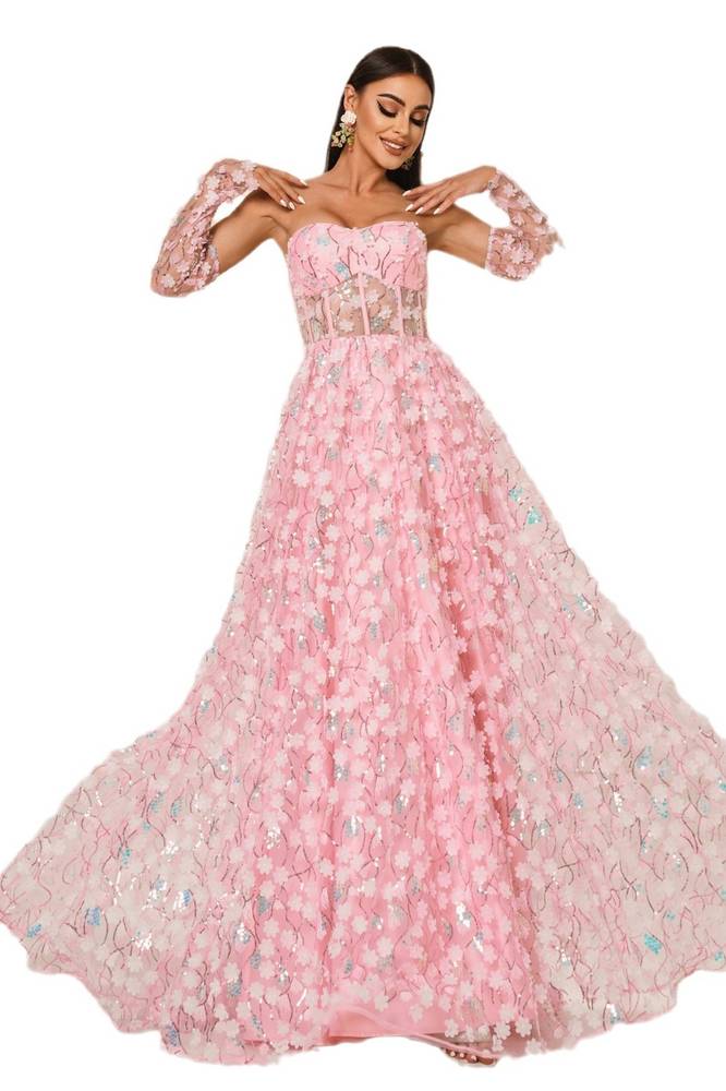 Pink Strapless A-Line Floral Evening Dresses with Sleeves