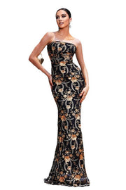 Black Strapless Mermaid Sequin Floral Prom Evening Dresses