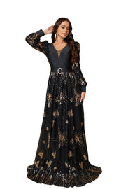 Black A-Line V-Neck Long Sleeves Sequin Formal Evening Dresses