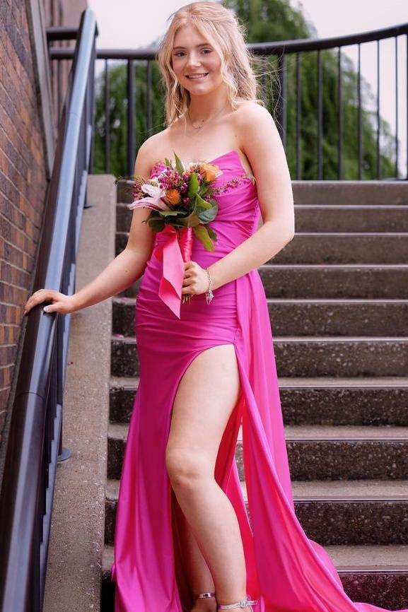 Fuchsia Sexy Strapless Split Front Mermaid Satin Long Prom Dresses