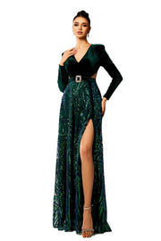 Dark Green Sequined V-Neck A-Line Velvet Evening Prom Dresses Long Sleeves with Slit