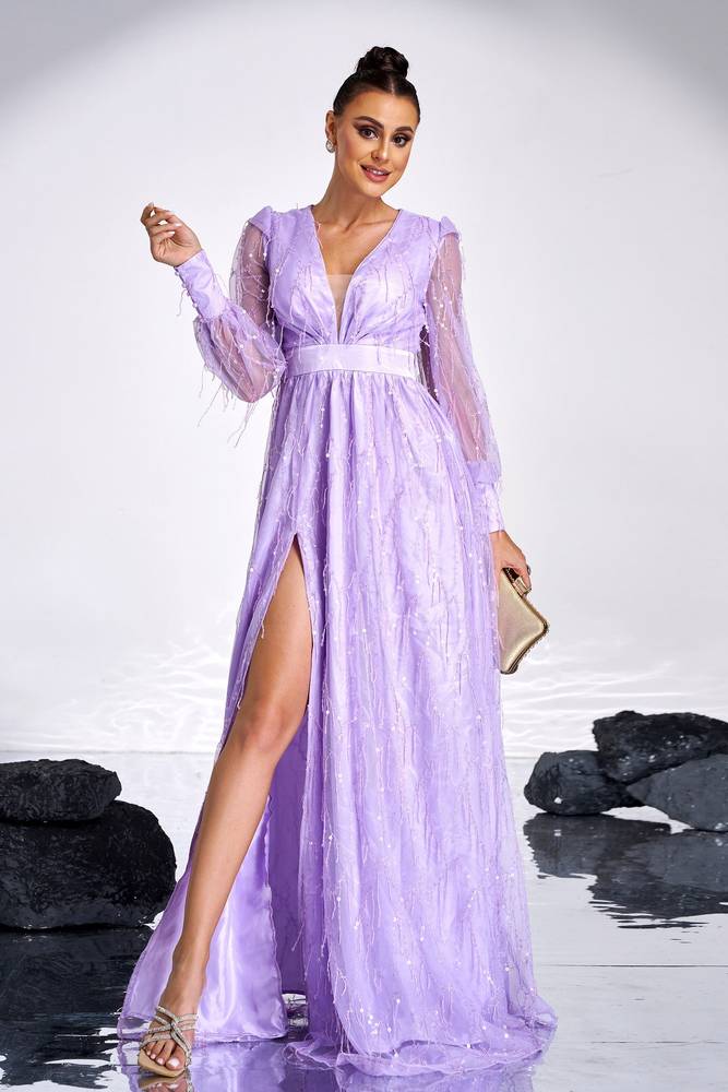 Purple V-Neck Split Front A-Line Tulle Evening Dresses with Beading