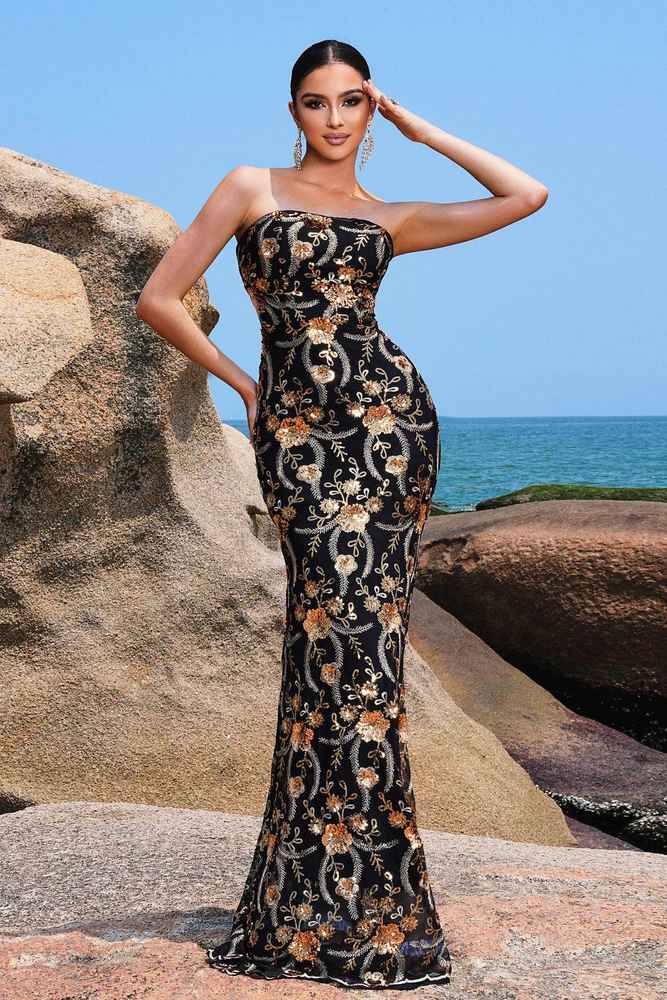 Black Strapless Mermaid Sequin Floral Prom Evening Dresses