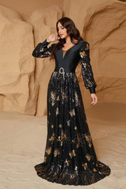 Black A-Line V-Neck Long Sleeves Sequin Formal Evening Dresses