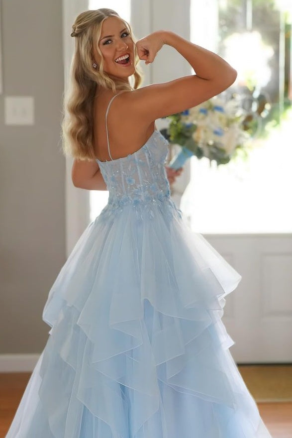 Blue V-Neck Sleeveless Tulle A-Line Formal Dresses with Appliques