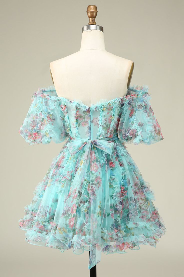 Mint Green Sweetheart Short Sleeves Floral Print A-Line Homecoming Dresses