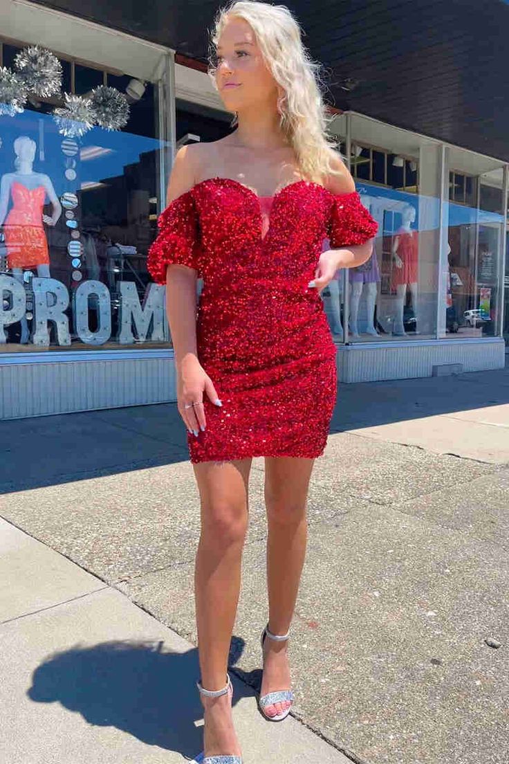 Red Sequined Off-The-Shoulder V-Neck Sheath Homecoming Dresses