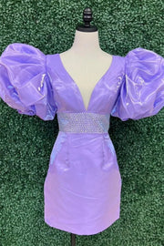 Purple Deep V-Neck Puff Sleeves Beaded Sheath Satin Homecoming Dresses