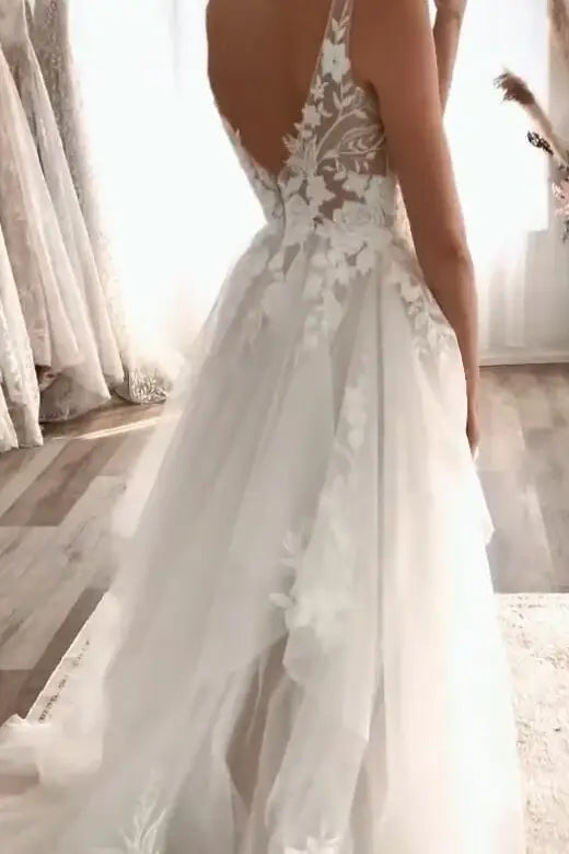 White Asymmetrical V-Neck Sleeveless Long A-Line Wedding Dresses with Appliques