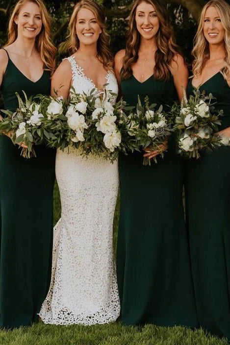 Dark Green V-Neck Mermaid Stretch Satin Bridesmaid Dresses