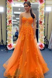 Orange Long A-Line Tulle Strapless Formal Evening Dresses with Appliques