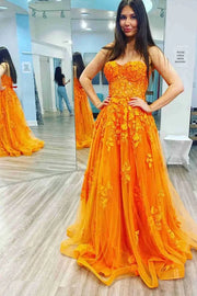 Orange Long A-Line Tulle Strapless Formal Evening Dresses with Appliques