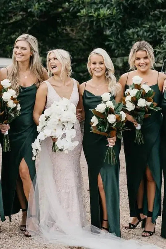 Dark Green  Ankle-Length Mermaid Satin Bridesmaid Dresses with Slit