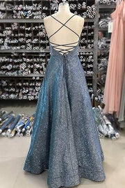 Sparkly Spaghetti Straps A-Line Prom Party Dresses with Slit