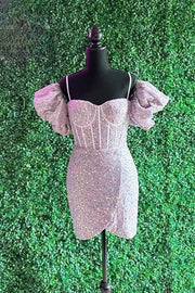 Light Pink Sequined Spaghetti Straps Puff Sleeves Short Homecoming Dresses