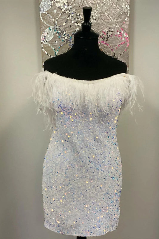 White Sequin Strapless Tight Homecoming Dress with Feathers