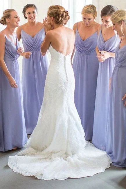 Lavender Floor-Length V-Neck A-Line Chiffon Bridesmaid Dresses