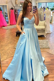 Light Blue V-Neck Sleeveless A-Line Satin Evening Dresses with Pockets