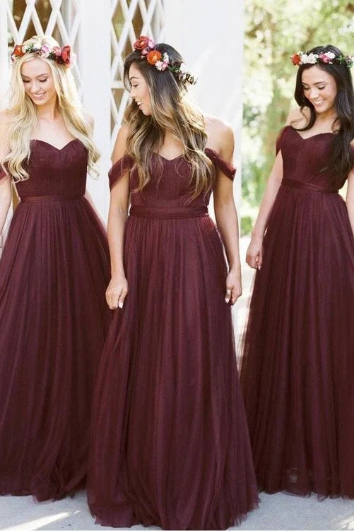 Cabernet Off-The-Shoulder Floor-Length A-Line Tulle Bridesmaid Dresses