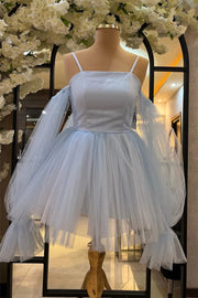 Sky Blue Off-The-Shoulder Long Sleeves A-Line Tulle Short Homecoming Dresses