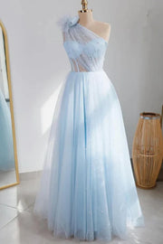 Sky Blue One-Shoulder Floor-Length Tulle A-Line Formal Dresses with Beads