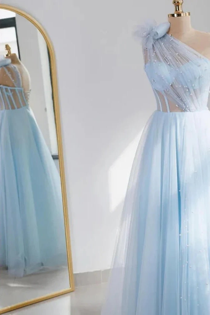 Sky Blue One-Shoulder Floor-Length Tulle A-Line Formal Dresses with Beads