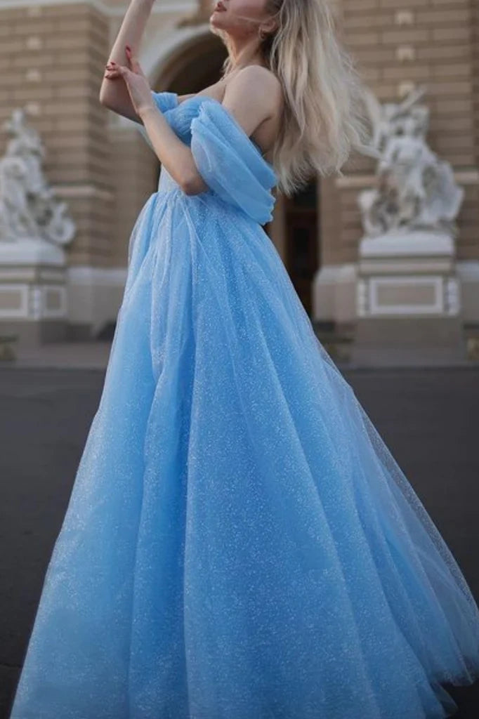 Sparkly Blue Off-The-Shoulder A-Line Tulle Princess Prom Dresses with Slit