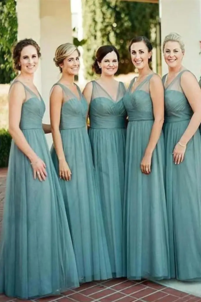 Elegant Floor-Length A-Line Tulle Sleeveless Bridesmaid Dresses